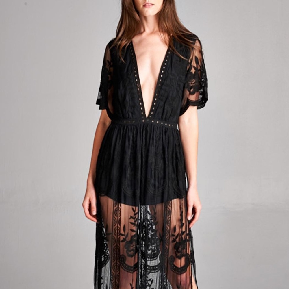 Honey Punch Black Lace Romper Dress